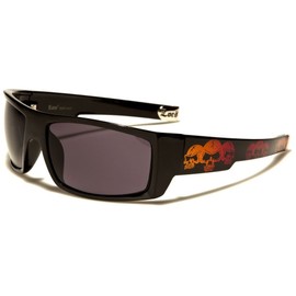 Locs Square Triple Skulls Wrap Around Sunglasses (Black, Orange & Red Frame, Black)