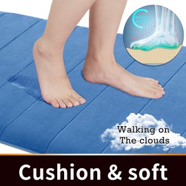 Yimobra Memory Foam Bath Mat Large Size, 43 x 61 cm, Soft and Comfortable, Super Water Absorption, Non-Slip, Thick, Machine Wash, Easier to Dry for Bathroom Floor Rug, Blue