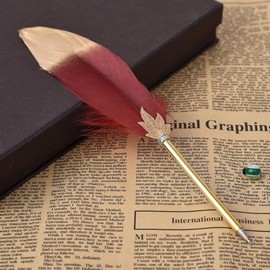 Quill Pen Vintage Feather Ballpoint Pen Refined Witchy Pen for Writing Signature or Gift Wedding Bridal (Deep red)