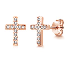 Zolkamery Silver Stud Earrings, Small 925 Sterling Silver Cross Studs, Zirconia Silver Stud Earrings for Women, Mini Rose Gold Plated Hypoallergenic Studs Earrings, Neutral Sleeper Earrings for Men