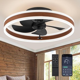 LEDIARY Low Profile Ceiling Fans with Lights, Flush Mount Modern Ceiling Fan and Remote Control, 19.7" LED Bladeless Ceiling Fans, Stepless Dimmable 3 Colors and 6 Speeds - Walnut