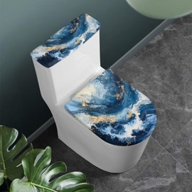HUISEFOR Bathroom Toilet Lid Cover Marble Toilet Seat Cover, Navy Blue Toilet Seat Lid Cover with Elastic Bottom Toilet Covers 2 Pieces Universal Fit Toilet Top Covers Home Indoor Decoration
