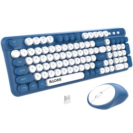 Wireless Keyboard and Mouse Combo,Retro Typewrite Keyboard and Mouse with Round Keypads,Hand-Friendly Keyboard and Mouse Wireless for Windows Laptop PC,Home Office Keyboard, White Blue