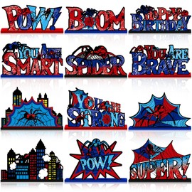 Yuntau 12 Pcs Spider Birthday Party Decorations Spider Wooden Table Decorations Happy Birthday Table Centerpiece Sign for Boy