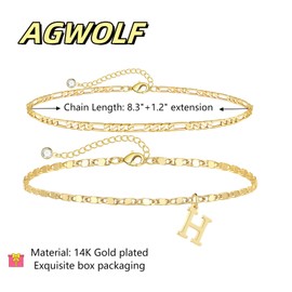 AGWOLF Initial Letter Ankle Bracelets Set for Women 14K Gold Plated Layered Waterproof Anklets Figaro Chain Rhinestone Dainty Anklet Set Adjustable Size Summer Beach Jewelry for Women
