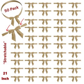 NOBLE PACK 50pcs 21 Inch Stretch Elastic Loops with Pre-Tied Ribbon Bows for Gift Wrapping, Weddings, Christmas Boxes (Linen, 21 Inch)