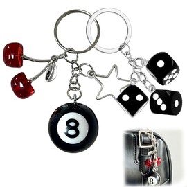 HuoZylithic Lucky Cherry 8 Ball Keychain Star with 3Pcs Dice for Bags Charms Cute Y2k Aesthetic Accessory for Keys Women Men