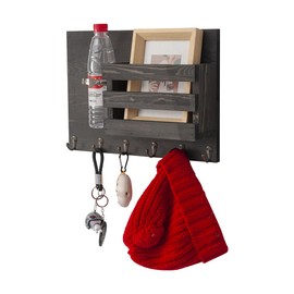 Coral Flower intage Grey Wood Wall Mounted Mail Holder with 6 Key Hooks & Mason Jar