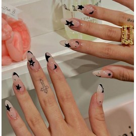 BABALAL Almond Press on Nails Medium Fake Nails White French Glue on Nails Black Star Rhinestones Acrylic Nails 24Pcs Stiletto False Nails for Women and Girls