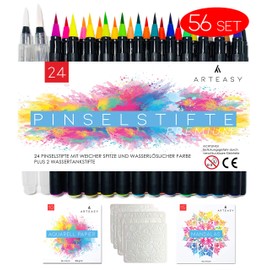Arteasy Brush Pens, Set of 56 with 24 Pens and 2 Water Tank Pens, High-Quality Brush Pen, Fibre-Tip Pens, Watercolour Brush Pens for Calligraphy, Hand Lettering, Mandala Painting