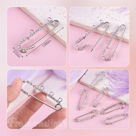 Framendino, 8 Pack Rhinestone Safety Pin with 3 Loops for DIY Crafts Jewelry Making Silver