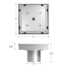 Sharpeye 4 Inch Square Shower Drain with Removable Tile Insert Grate, Brushed 304 Stainless Steel Square Shower Floor Drain, CUPC Certified, Includes Hair Strainer