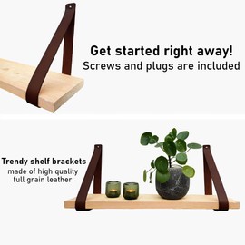 Brute Strength - Leather Shelf Brackets - Brown - Pack of 2 - Shelf Supports - Wall Supports - Shelf Straps - Full Grain Leather