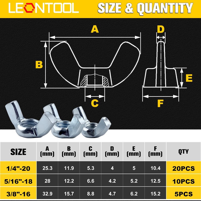 LEONTOOL Wing Nut Set SAE 1/4"-20, 5/16"-18, 3/8"-16 35pcs Wing