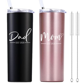 momocici Dad Mom Est 2026 20 OZ Skinny Tumbler.Anniversary New Parents Pregnancy Parents to be Gift.Father's Mother's Day Couples Gifts.Mom to Be Dad to Be Gifts.(Black&Rose Gold)