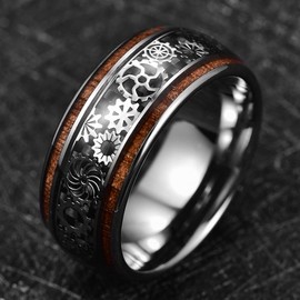 TUNGSTORY Men's Tungsten Ring 10 mm Black/Silver Steampunk Gears Ring with Wood Men's Wedding Ring Size 54.4-72, Tungsten Carbide, No Gemstone