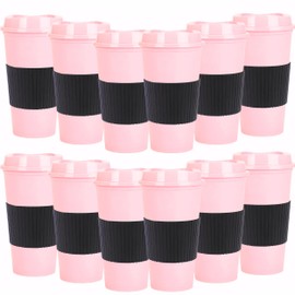 Yisituo Plastic Coffee Cups with Lids, 12 Pack 480ml Reusable Tumblers for Adults, for Hot & Cold Drinks, Microwaveable Travel Mugs (12, Pink)