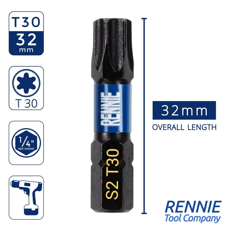 10 x Rennie Tools 32mm Long T30 TX30 Impact Screwdriver