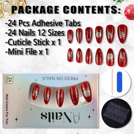 24Pcs Christmas Press on Nails Long Almond Nails Red Fake Nails Gold Christmas Tree Snowflake Bow Acrylic Nails Design Winter Holiday Xmas Full Cover False Nails Stick on Nails for Women and Girls