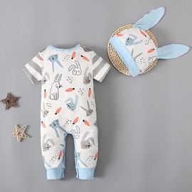 Infant Baby Boys Girls My 1st Easter Romper Cute Bunny Carrot One-piece Jumpsuit Outfit with Hat (Gray Stripes, 3-6 Months)