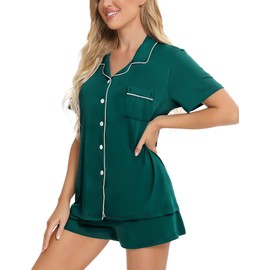 SWOMOG Womens Pajamas Set Button Down Soft Modal Short Sleeve Sleepwear 2 Pcs Pjs Shorts Set Loungeweart, Green X-Small