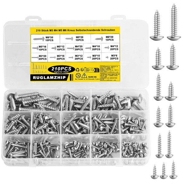 Pack of 210 M3 M4 M5 M6 self-tapping screws, Phillips