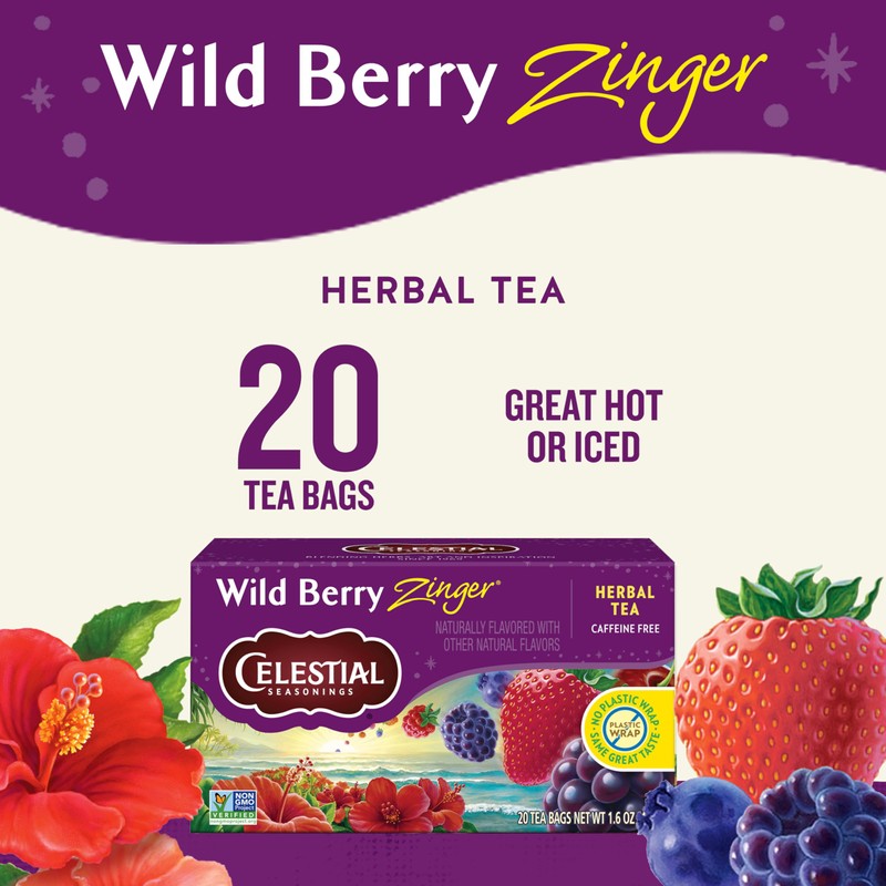 Celestial Seasonings Wild Berry Zinger Herbal Tea, Caffeine Free, 20
