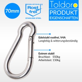 Toldoro Niro AISI 316 V4A Stainless Steel Snap Hook 50-120 mm Niro - Various Sizes and Quantities Available - Snap Hook Fire Brigade Carabiner Carabiner without Eye