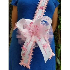 Baby Shower Mom To Be It's a Girl Sash Pink With Butterflies Ribbon and Corsage