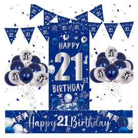 21st Birthday Decorations for Him Her Blue and Silver Happy 21st Birthday Banner 21st Birthday Balloons Happy Birthday Backdrop Door Banner Triangle Flag Confetti Balloons 21st Party Decorations