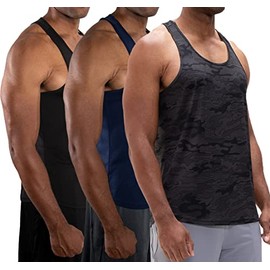 DEVOPS 3 Pack Men's Y-Back Dri Fit Muscle Gym Workout Tank Top (Large, Black/Camo Black/Navy)