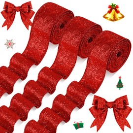 Juinte 3 Roll 30 Yards Christmas Glitter Wired Ribbon Christmas Party Favors Decor Gift Wrapping Ribbon for Craft Headband Bow Decor(1.5 Inch,Red)
