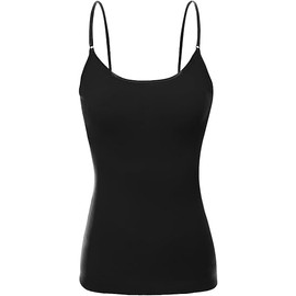 Fashiondio Women Basic Built in Inner Bra Extra Long Spaghetti Cami Adjustable (Large, Black, Navy)