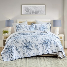 PERHOM 100% Cotton Floral Full/Queen Quilt Set with Shams, Blue Vintage Botanical Bedding Set, All-Season, Lightweight Bedspread, Reversible, 3 Pieces Farmhouse Bedding (Full/Queen Size, Blue/White)