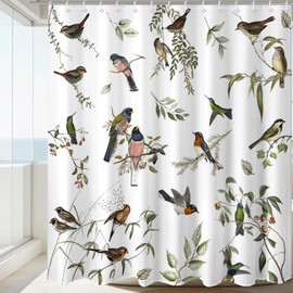 Bird Shower Curtain for Bathroom, Country Farmhouse Shower Curtain with 12 Hooks Green Leaves Floral Decor Shower Curtain Waterproof Washable Bath Curtain, 72 X 72 Inch