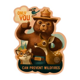 Die Cut Sticker Smokey Bear and Friends, Only You Can Prevent Wildfires, Vinyl Sticker 3 to 6 inches, (Waterproof Decal for Cars, Water Bottles, Laptops, Coolers), Large