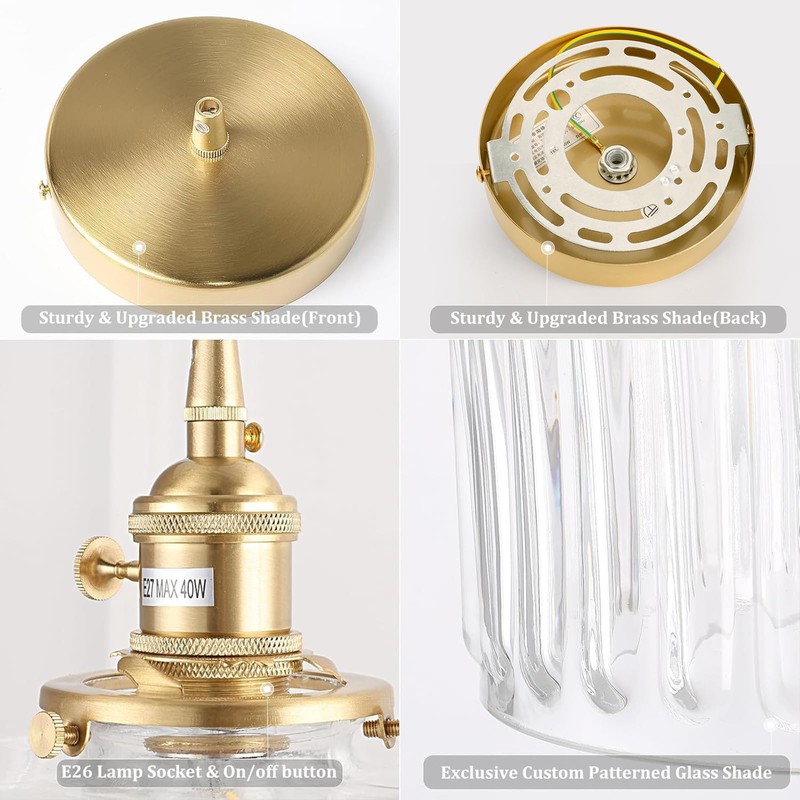 Shenmoyl Pendant Light with Clear Striped Glass Lmapshade, Brass Vintage