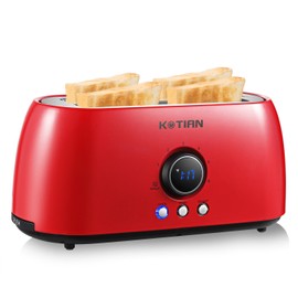 Toaster 4 Slice,KOTIAN Retro Long Slot Toasters with Countdown Timer,Stainless Steel Toaster,Bagel,Defrost,Reheat,Cancel Functions,Extra Wide Slots,6 Toast Settings,Removable Crumbs Tray,Red