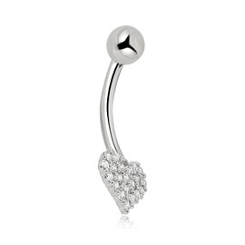 AVORA 10K White Gold Simulated Diamond CZ Pave Heart Belly Button Ring Body Jewelry (14 Gauge)