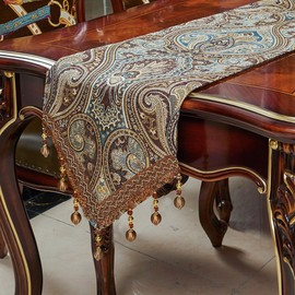 Luxury Vintage Design Table Runner 90 inches Long Embroidery Jacquard Fabric with Multi-Tassels Table Runners for Dining Room Dresser Wedding Holiday Party Fireplace Decorations (Coffee, 12X90inch)