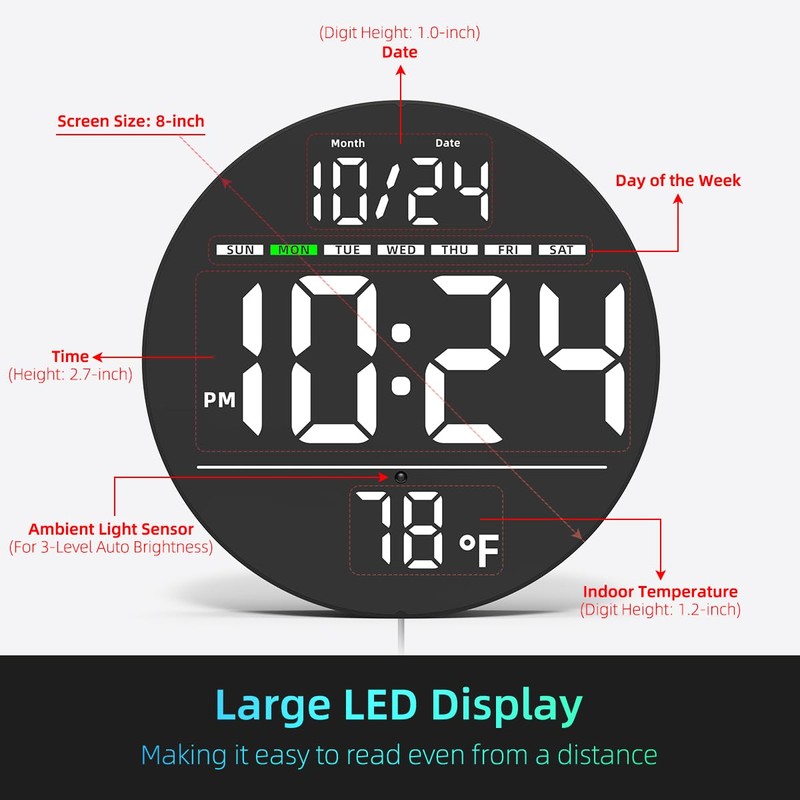 Digital Wall Clock with Large LED Display, Date, Temperature, Auto-Brightness
