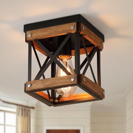 Rustic Farmhouse Wood Flush Mount Ceiling Light Fixture Oak Wood and Metal Square Cage Small Semi Flush Mount Ceiling Light for Kitchen Hallway Entryway Bedroom Farmhouse Country, Black