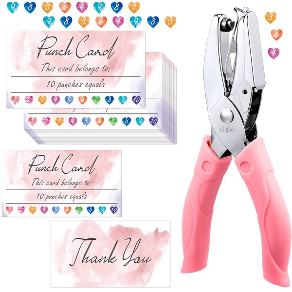 100 Pieces Watercolor Reward Punch Cards Loyalty Cards Incentive Cards and 1 Heart Shaped Metal Single Handheld Puncher for Business Home Classroom School Teacher Party Decor