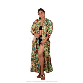 KLAVATE Indian Handmade Frida kahlo design Sleepwear Beach Cover up Cotton Bath Robes Kimono Women Cardigan Nightgown (Beige)