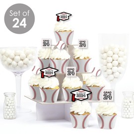 Big Dot of Happiness Grad Baseball - Cupcake Decoration - 2024 Graduation Party Cupcake Wrappers and Treat Picks Kit - Set of 24