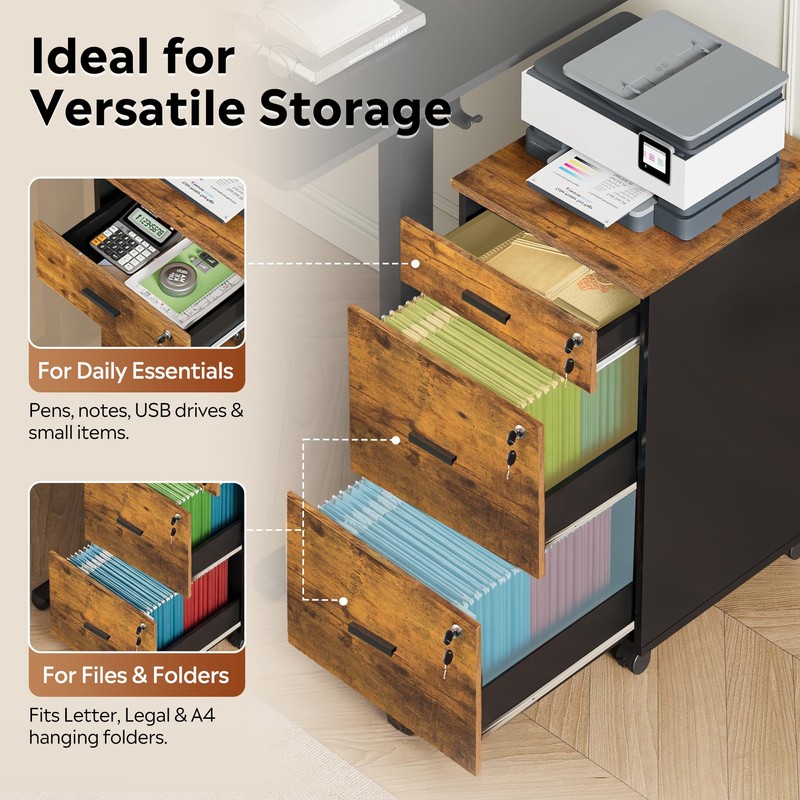 3 Drawer File Cabinet with Lock & Wheels, Wood Printer