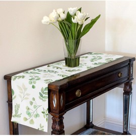 A LuxeHome Green Floral Leaf Boho Botanical Rainforest Watercolor Woodland Tropical Garden Tablerunner for Tabletop Console Dining Room Kitchen 12" x 90"