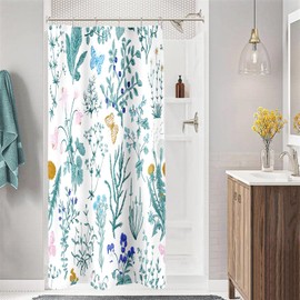 MAYZUS Small Stall Shower Curtain 36 x 72 Inch, Half Narrow Teal Floral Fabric Shower Curtain, Cute Botanical Herbs Flower Butterfly Aesthetic Bathroom Shower Curtain Set with Hooks