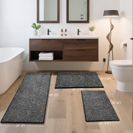HDFK Bathroom Rugs Runner | Non Slip Washable Bath Mats 60x24 Inches 2 Tone Plush Chenille Medium Pile Floor Mat | Ultra Absorbent Black and White Shower Rug | Long Transition for Wet Dry Zone
