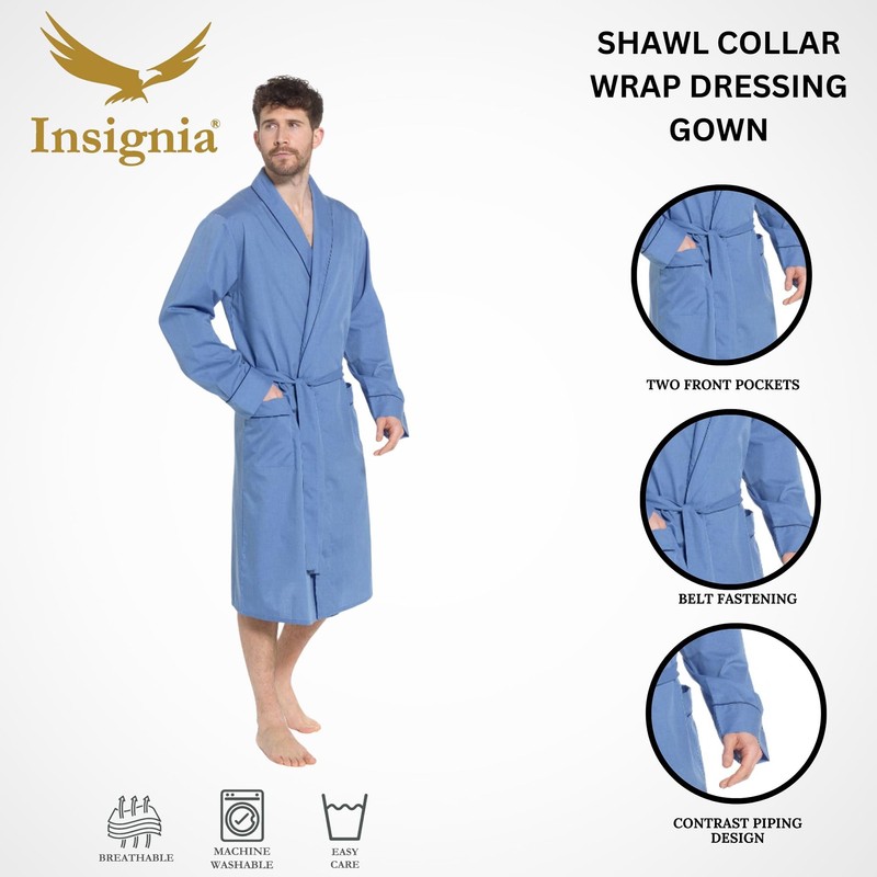 INSIGNIA Mens Plain Woven Lightweight Cotton Poly Dressing Gown Robe